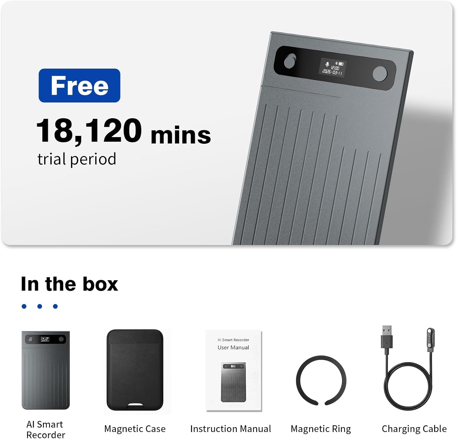 AI Voice Recorder, AI Note Taker 64GB with App Control, AI Technology Transcribe & Summarize Free, 121 Languages, Audio Recorder Device for Meetings & Calls, Ultra-Slim/Display, Magnetic Case, Grey