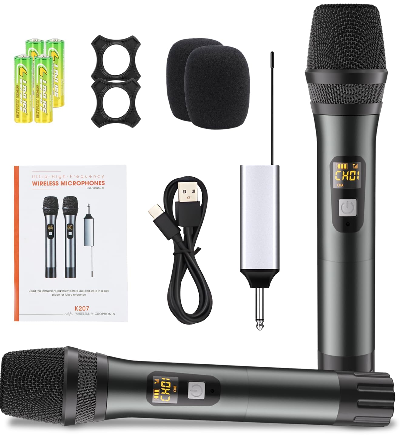 Wireless Microphone, Handheld UHF Dual Metal Cordless Dynamic Mic System with Rechargeable Receiver,200ft Range,for Karaoke, Speech, Party, Wedding, Church,Singing Machine-Auto Connect
