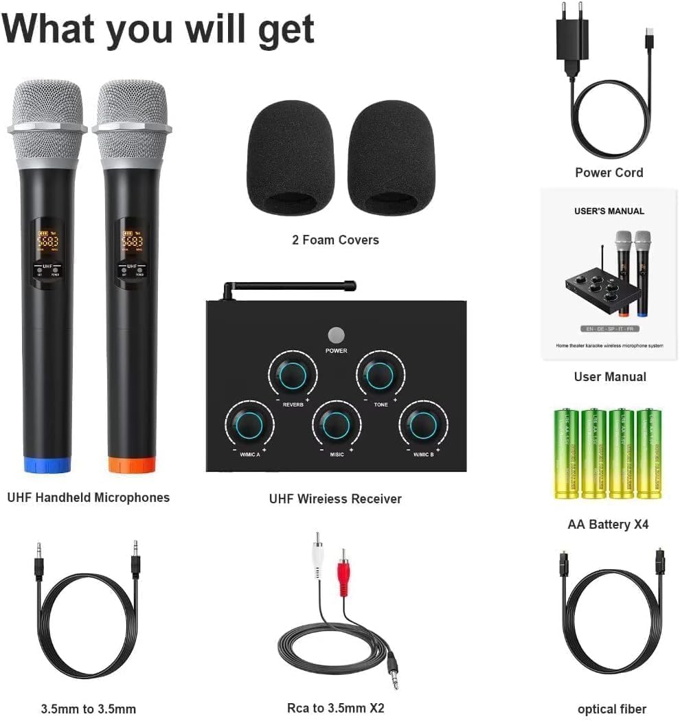 Wireless Microphone System, Dual UHF Portable Karaoke Microphone, HDMI & AUX in/Out, Optical Out, Stable Signal, 100ft Range – Wireless Mic for Singing, Karaoke, Church, Smart TV, PC, PA Speaker