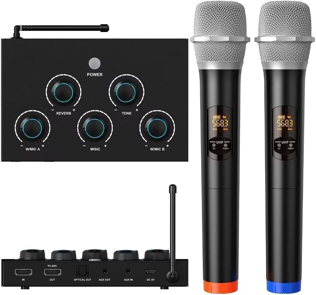 Wireless Microphone System, Dual UHF Portable Karaoke Microphone, HDMI & AUX in/Out, Optical Out, Stable Signal, 100ft Range – Wireless Mic for Singing, Karaoke, Church, Smart TV, PC, PA Speaker