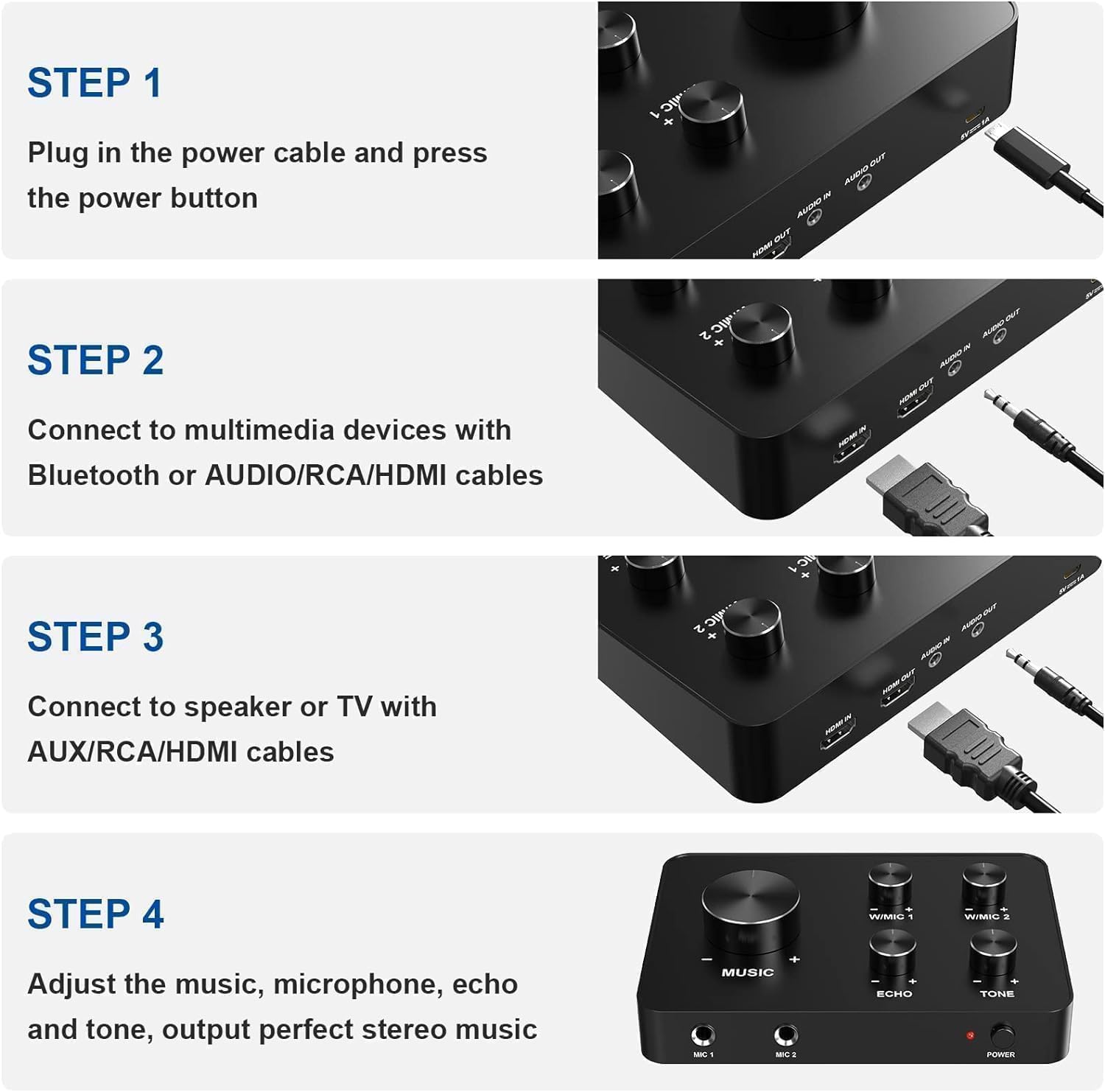 Wireless Microphone Karaoke Mixer System, Dual Handheld Wireless Microphone for Karaoke, Smart TV, PC, Speaker, Amplifier, Church, Wedding - Support HDMI, AUX in/Out