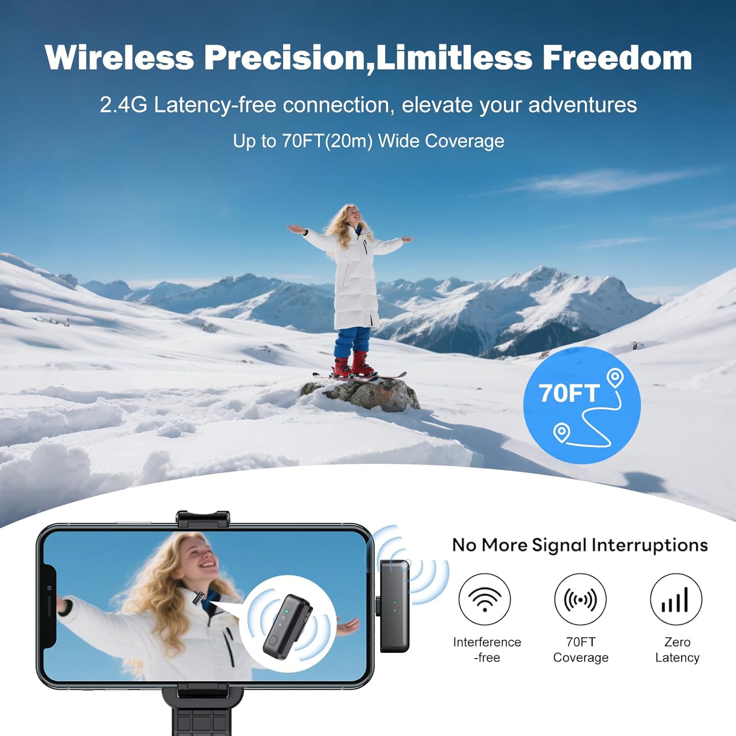 Wireless Microphone for iPhone iPad Android, Mini Lavalier Mic with Noise Cancellation, 20H Battery, 70ft, Wireless Microphone for iPhone, Android, PC (2 TX + 2 RX + Charging Case)