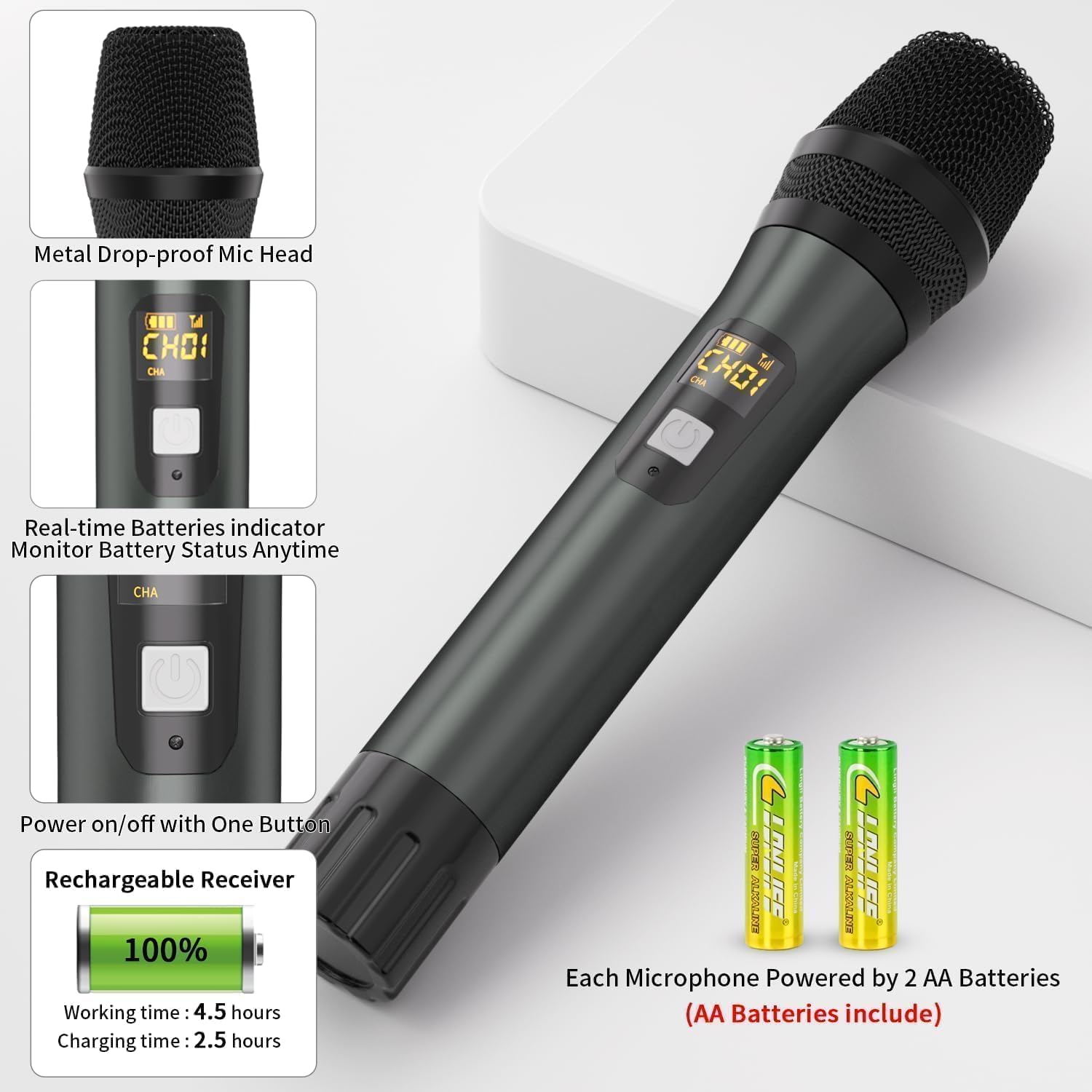 Wireless Microphone, Handheld UHF Dual Metal Cordless Dynamic Mic System with Rechargeable Receiver,200ft Range,for Karaoke, Speech, Party, Wedding, Church,Singing Machine-Auto Connect