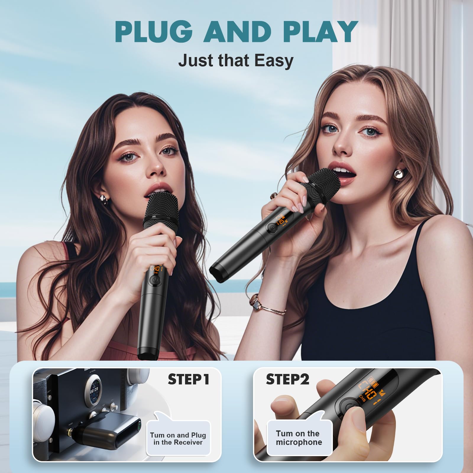 Wireless Microphone System with Dual-Channel Rechargeable Receiver, Professional UHF Metal Dual Handheld Cordless Dynamic Mic, 160ft Range, Microphone for Karaoke, Party Singing, Lecture, DJ, Wedding