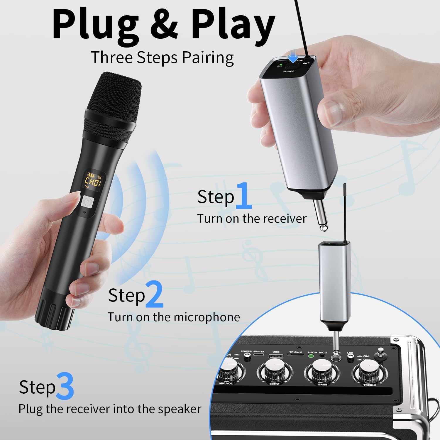 Wireless Microphone, Handheld UHF Dual Metal Cordless Dynamic Mic System with Rechargeable Receiver,200ft Range,for Karaoke, Speech, Party, Wedding, Church,Singing Machine-Auto Connect