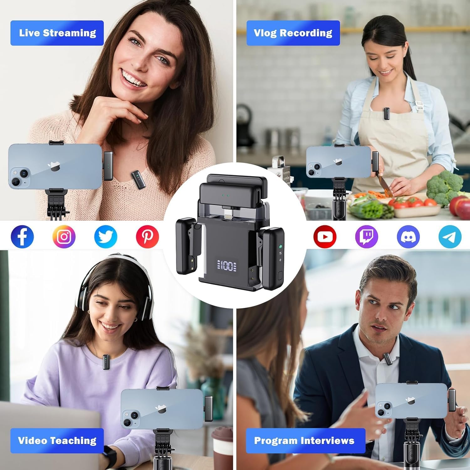 Wireless Microphone for iPhone iPad Android, Mini Lavalier Mic with Noise Cancellation, 20H Battery, 70ft, Wireless Microphone for iPhone, Android, PC (2 TX + 2 RX + Charging Case)