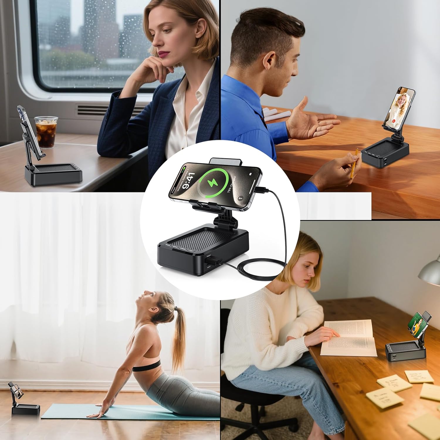 Cell Phone Stand with Wireless Bluetooth Speaker and Charging, Anti-Slip Base HD Surround Sound, Perfect for Home/Outdoor, Phone Holder Compatible with iPhone/ipad/Samsung Galaxy, Gifts for Men Women