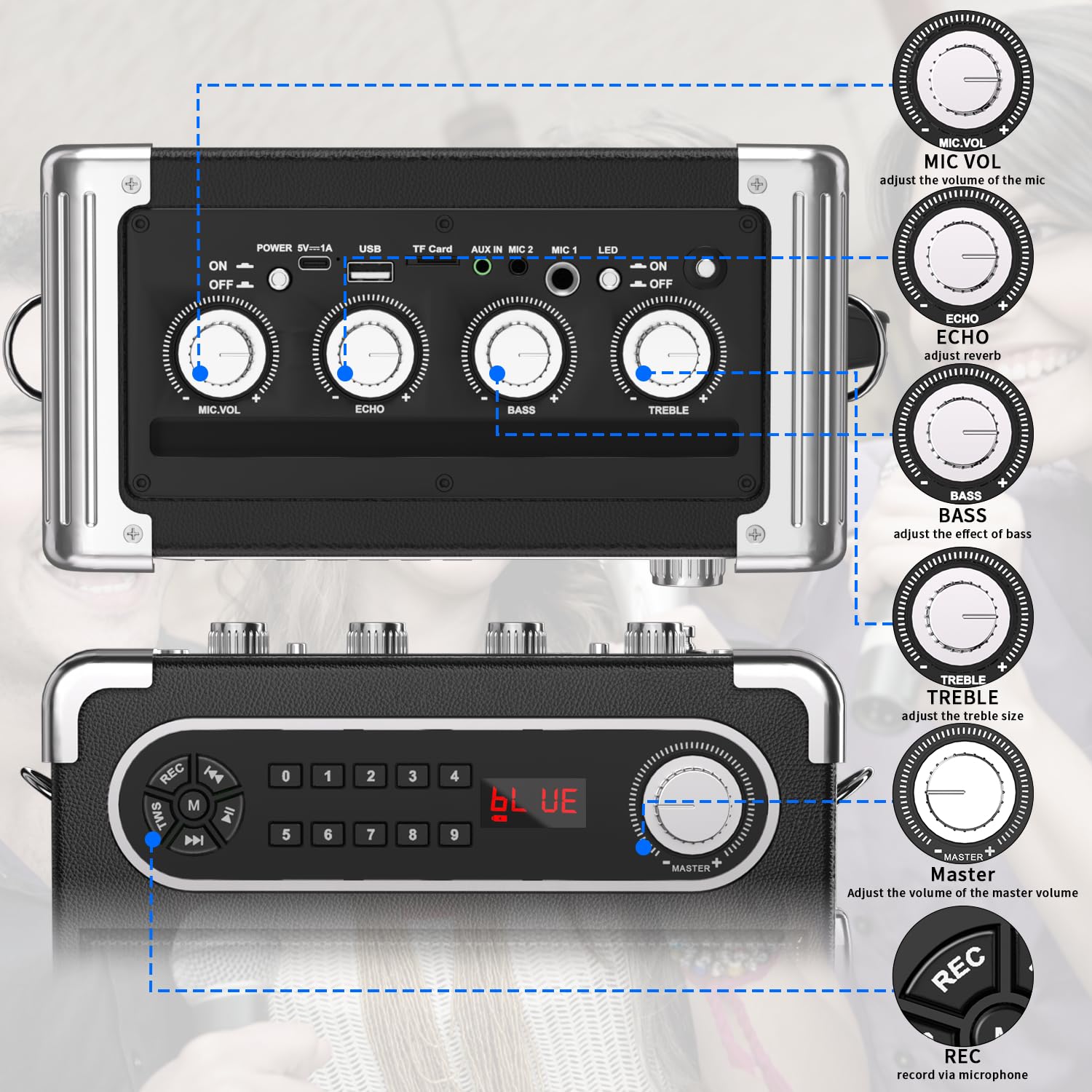 Karaoke Machine with 4 Wireless Microphones, Portable Bluetooth 5.1 Speaker for Adults Kids with LED Lights, Bass/Treble Adjustment, PA System with Remote Control, Supports FM/AUX/USB/TF for Party