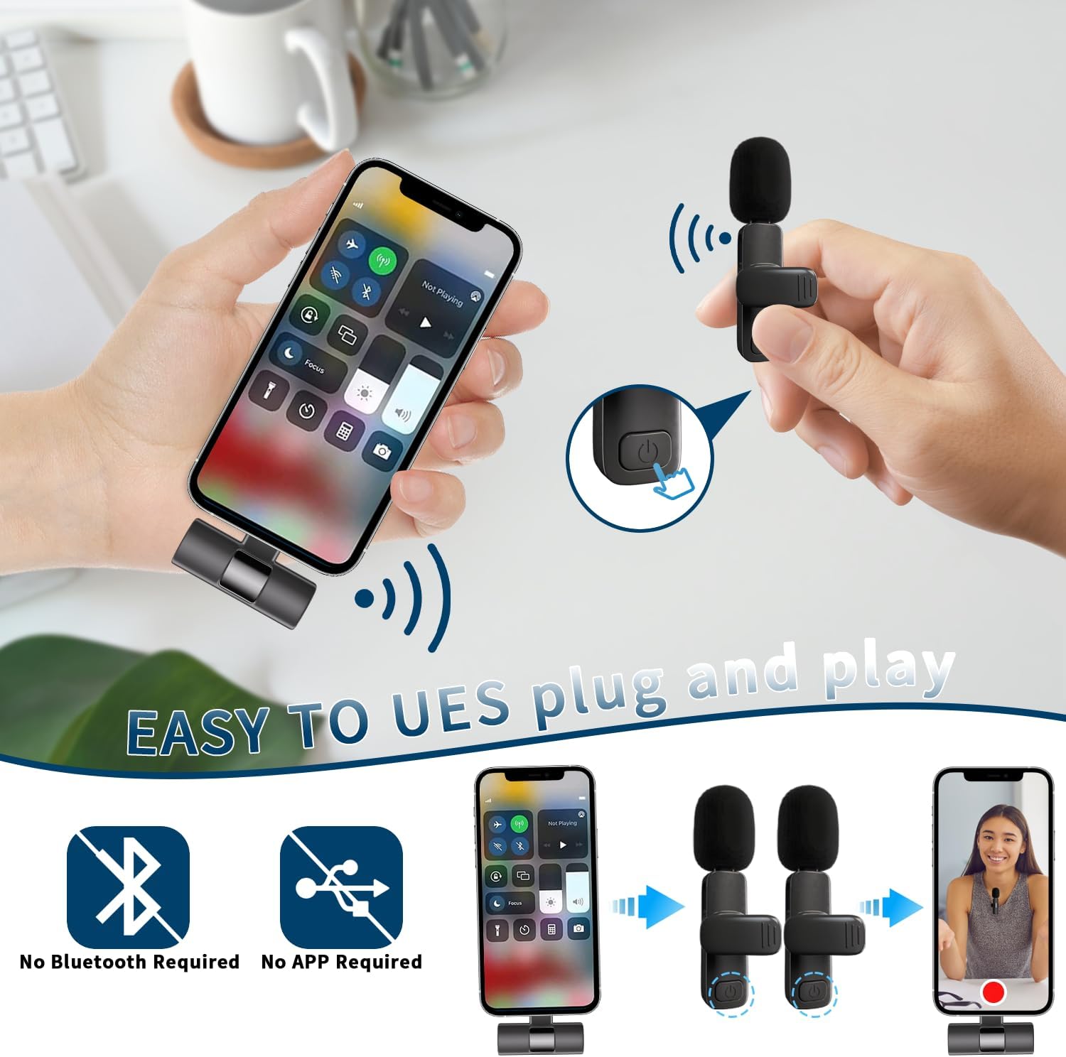 Professional Wireless Lavalier Lapel Microphone for iPhone, iPad, Cordless Omnidirectional Condenser Recording Mic for Video Recording, Live Streaming, Interview Podcast Vlog YouTube Tiktok(2 Pack)