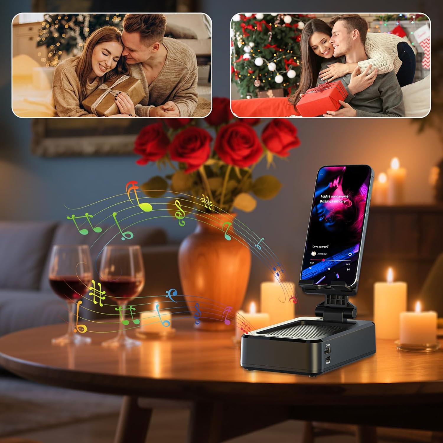 Cell Phone Stand with Wireless Bluetooth Speaker and Charging, Anti-Slip Base HD Surround Sound, Perfect for Home/Outdoor, Phone Holder Compatible with iPhone/ipad/Samsung Galaxy, Gifts for Men Women