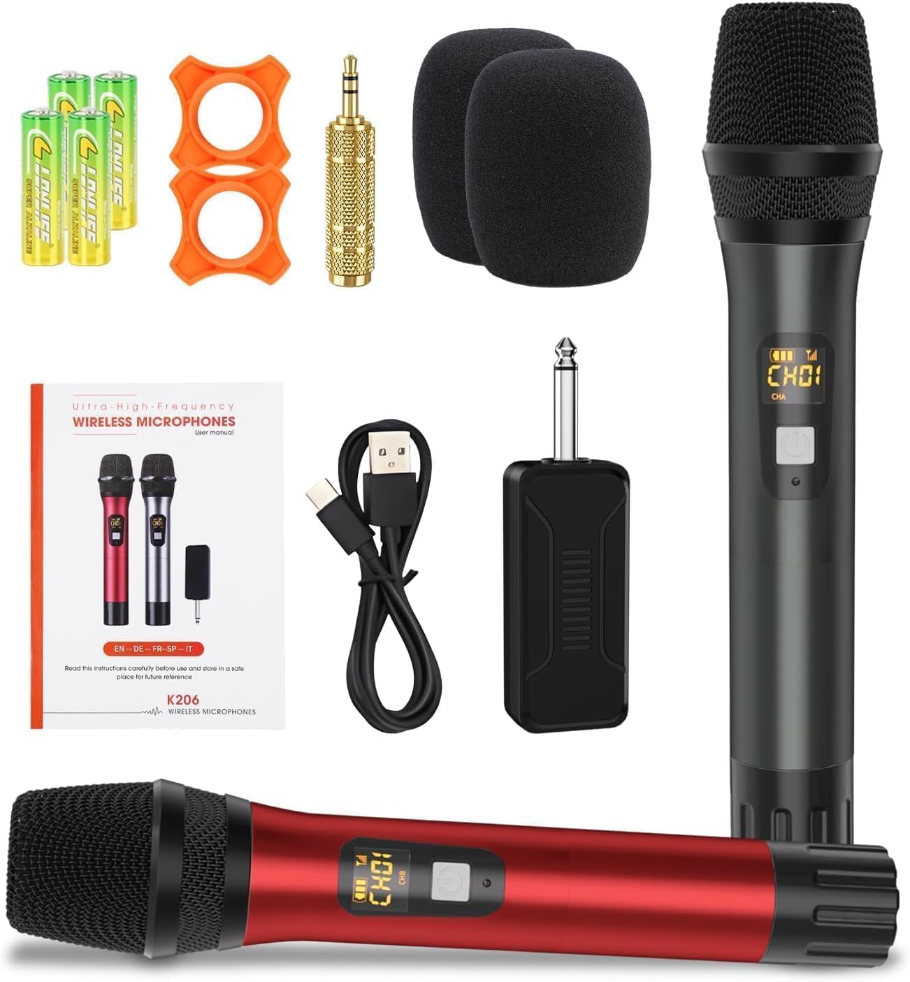 Wireless Microphone, Handheld UHF Dual Metal Cordless Dynamic Mic System with Rechargeable Receiver,200ft Range,for Karaoke, Speech, Party, Wedding, Church,Singing Machine-Auto Connect