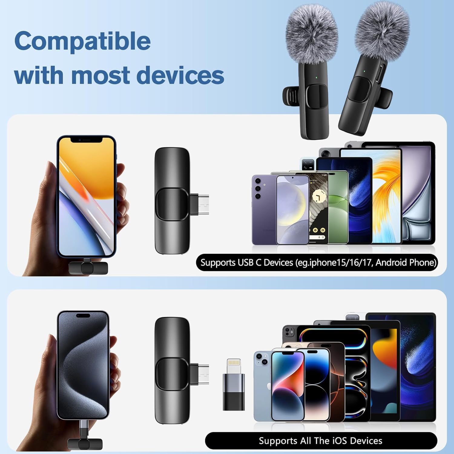 Professional Wireless Microphone for iPhone,iPad,Android, Lavalier Lapel Mic for Video Recording, Mini Mic Crystal Clear Recording with USB-C for Content Creators Vlog YouTube Tiktok Podcast Interview