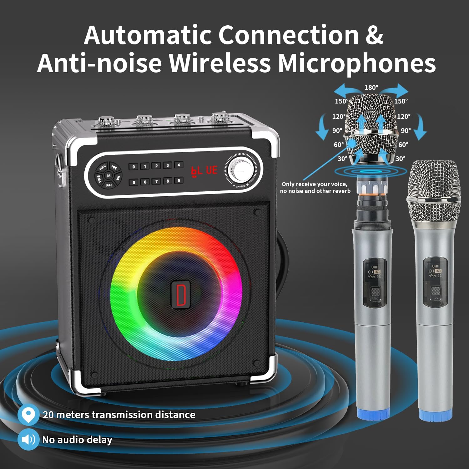 Karaoke Machine, Portable Bluetooth Speaker with 2 Wireless Microphones for Adults & Kids, PA System with Remote Control, LED Lights, Support USB/TF/REC/FM/AUX/TWS for Party Home System Packages