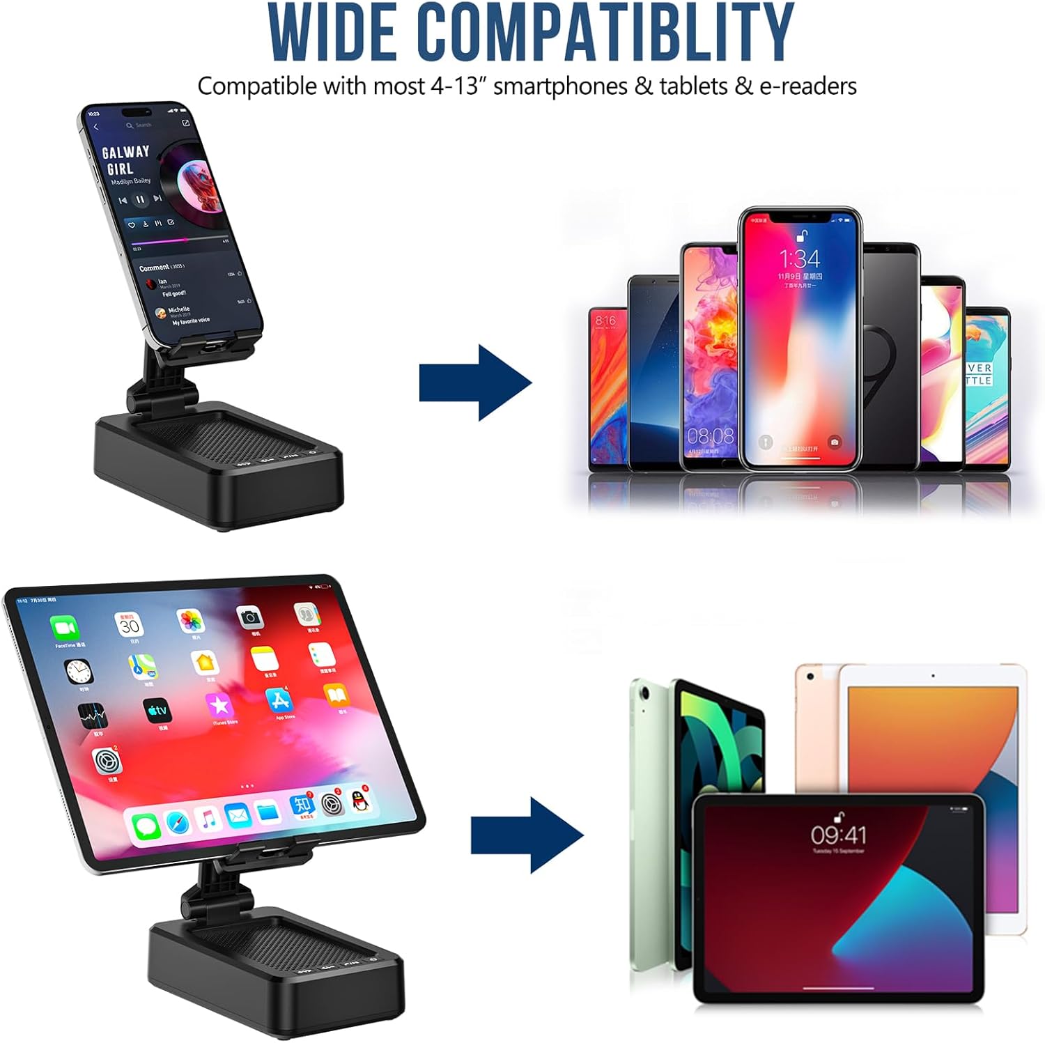 Cell Phone Stand with Wireless Bluetooth Speaker and Charging, Anti-Slip Base HD Surround Sound, Perfect for Home/Outdoor, Phone Holder Compatible with iPhone/ipad/Samsung Galaxy, Gifts for Men Women