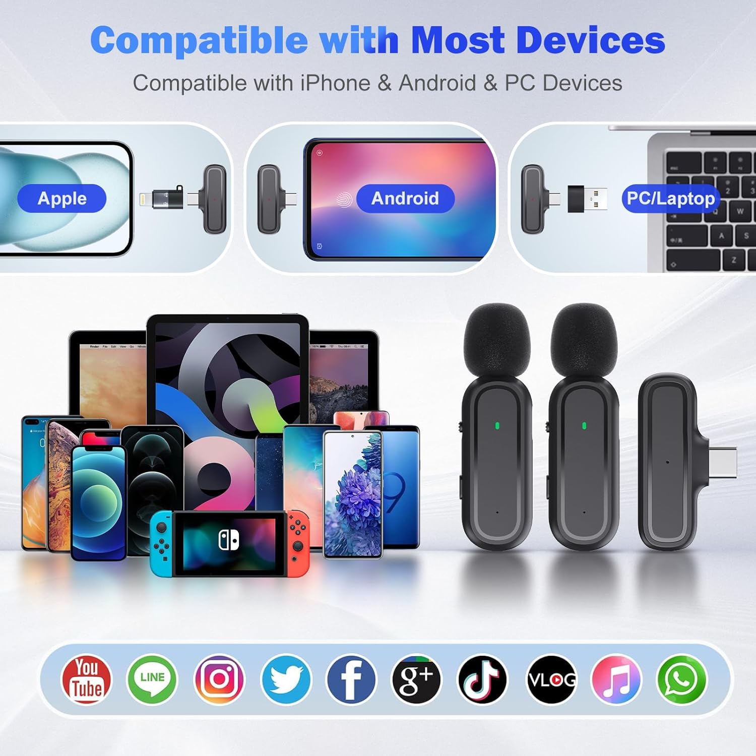 2 Pcs Wireless Lavalier Microphone for iPhone iPad Android PC, Mini Mic with Charging Case, 8H Battery, 65ft Range, USB-C, Clip-On Noise Reduction Mics for Vlogging, TikTok, YouTube, Video Recording