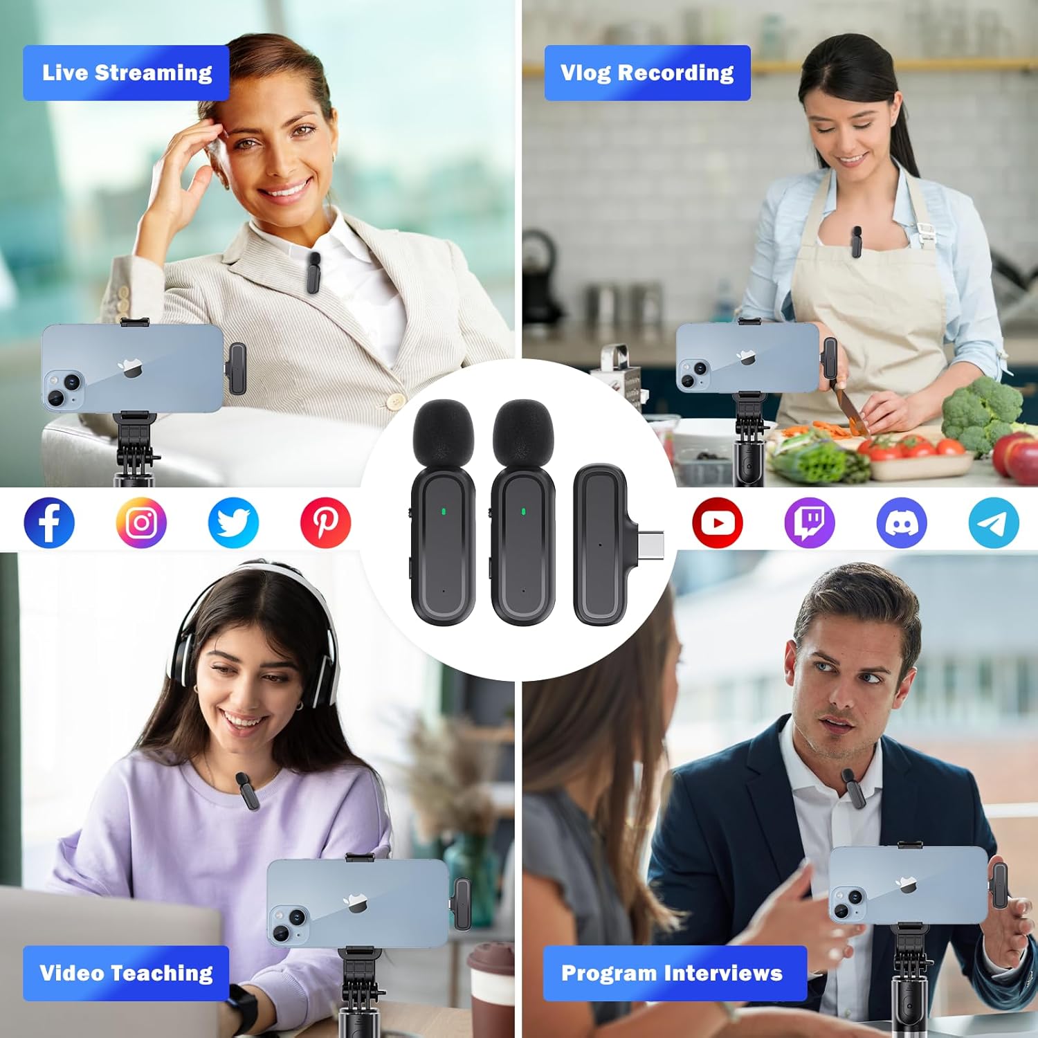 2 Pcs Wireless Lavalier Microphone for iPhone iPad Android PC, Mini Mic with Charging Case, 8H Battery, 65ft Range, USB-C, Clip-On Noise Reduction Mics for Vlogging, TikTok, YouTube, Video Recording