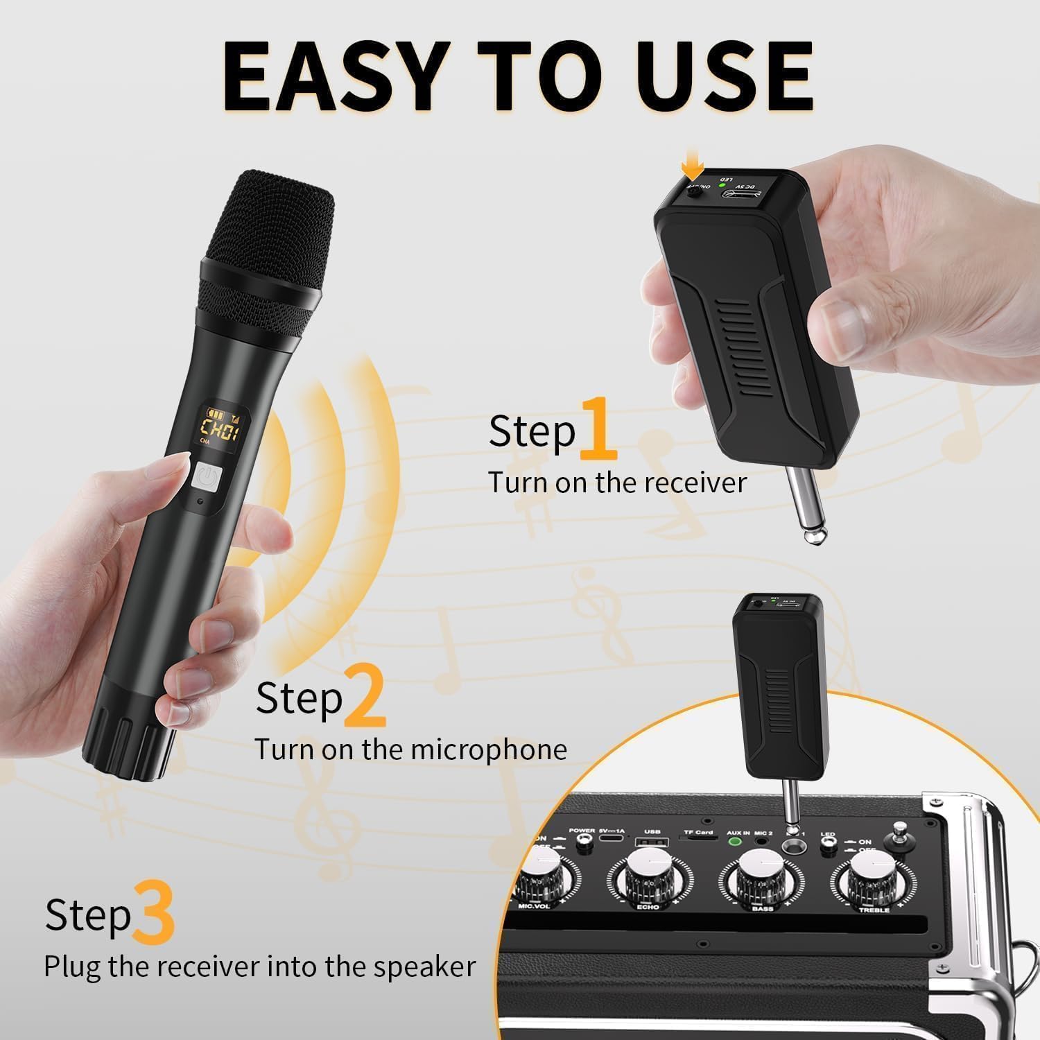 Wireless Microphone, Handheld UHF Dual Metal Cordless Dynamic Mic System with Rechargeable Receiver,200ft Range,for Karaoke, Speech, Party, Wedding, Church,Singing Machine-Auto Connect