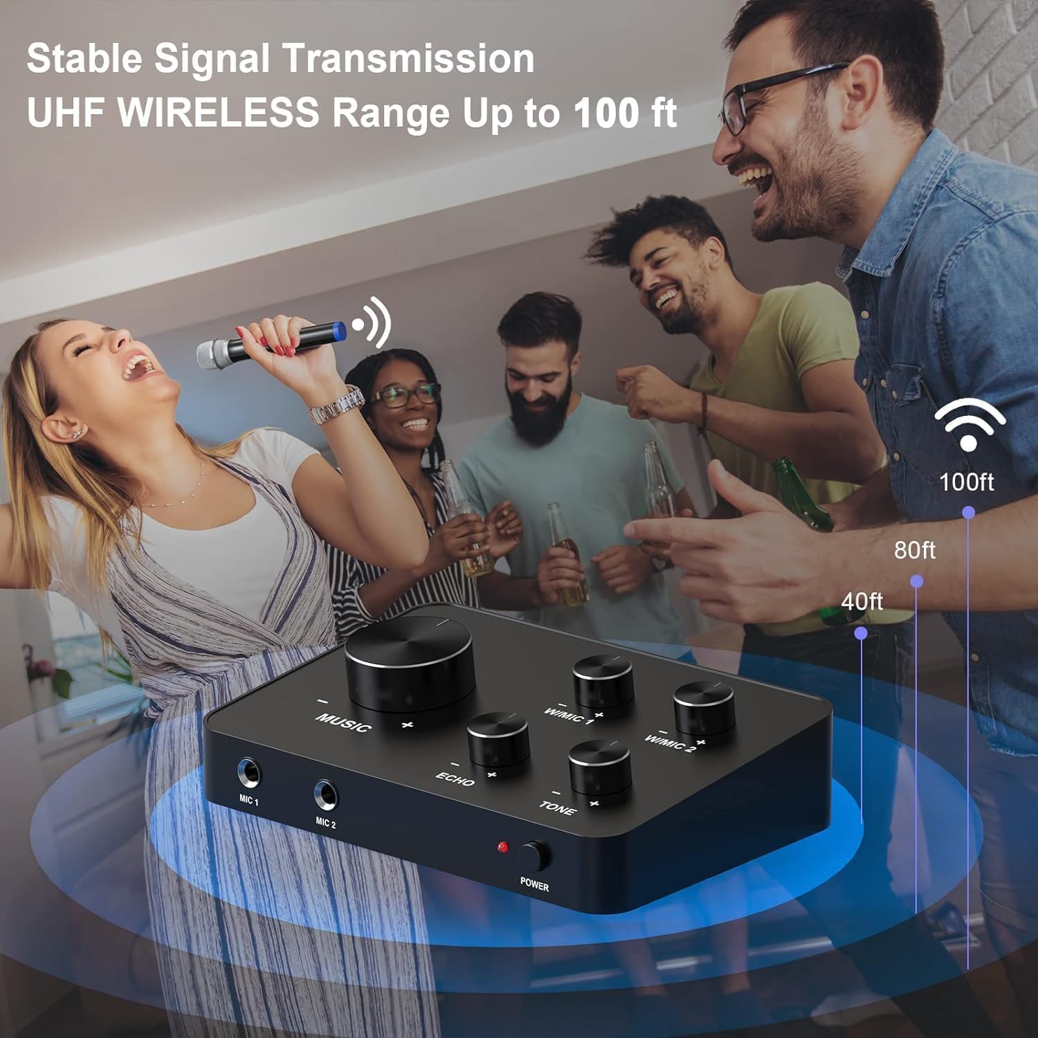 Wireless Microphone Karaoke Mixer System, Dual Handheld Wireless Microphone for Karaoke, Smart TV, PC, Speaker, Amplifier, Church, Wedding - Support HDMI, AUX in/Out