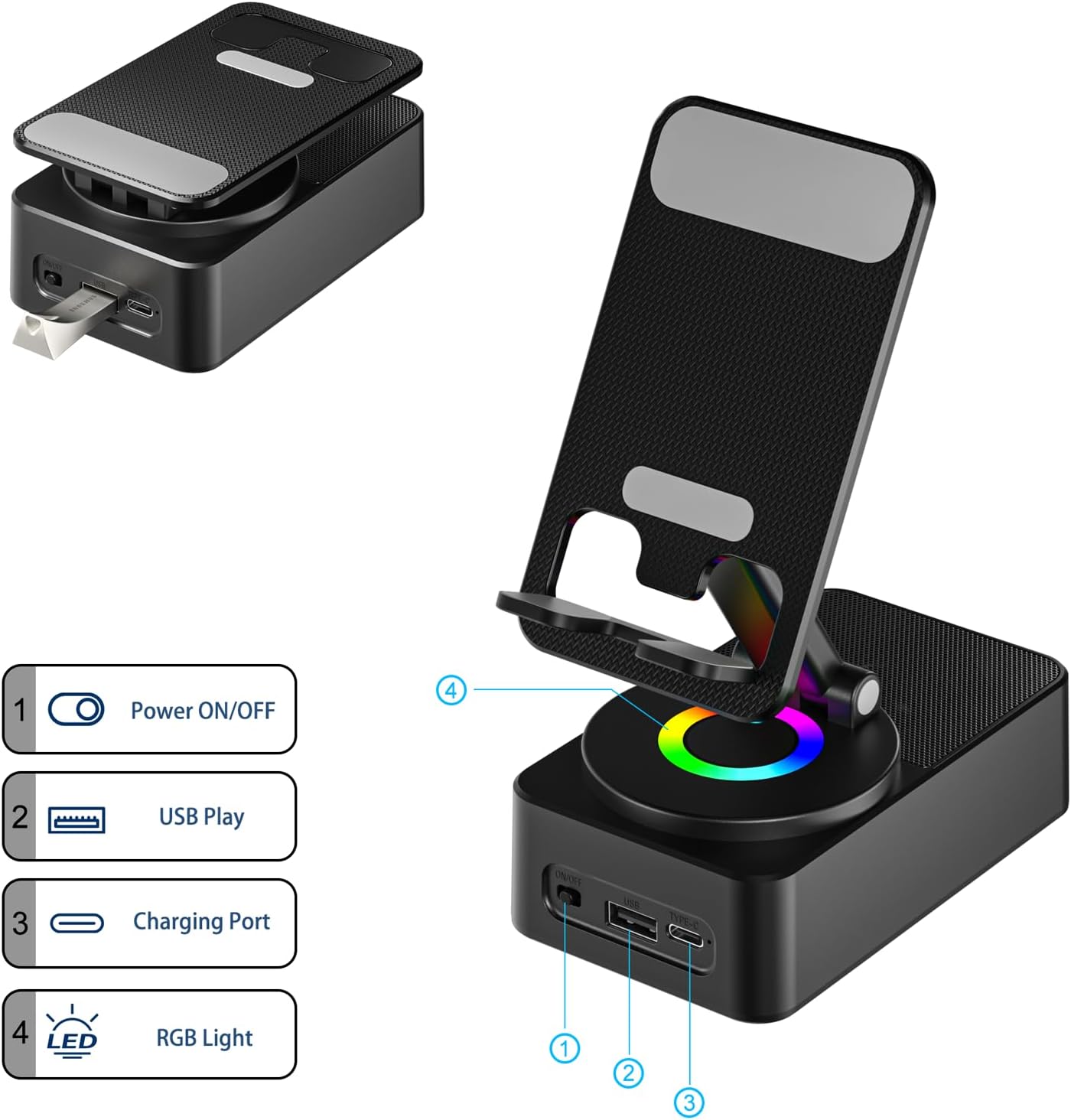 Cell Phone Stand with Wireless Bluetooth Speaker, LED, Anti-Slip Base HD Surround Sound,Perfect for Home/Outdoor with Bluetooth Speaker for Desk Compatible with iPhone/ipad/Android,Gifts for Men Women