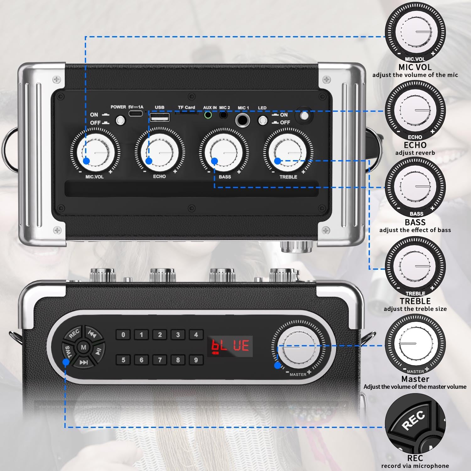 Karaoke Machine with 4 Wireless Microphones, Portable Bluetooth 5.1 Speaker for Adults Kids with LED Lights, Bass/Treble Adjustment, PA System with Remote Control, Supports FM/AUX/USB/TF for Party