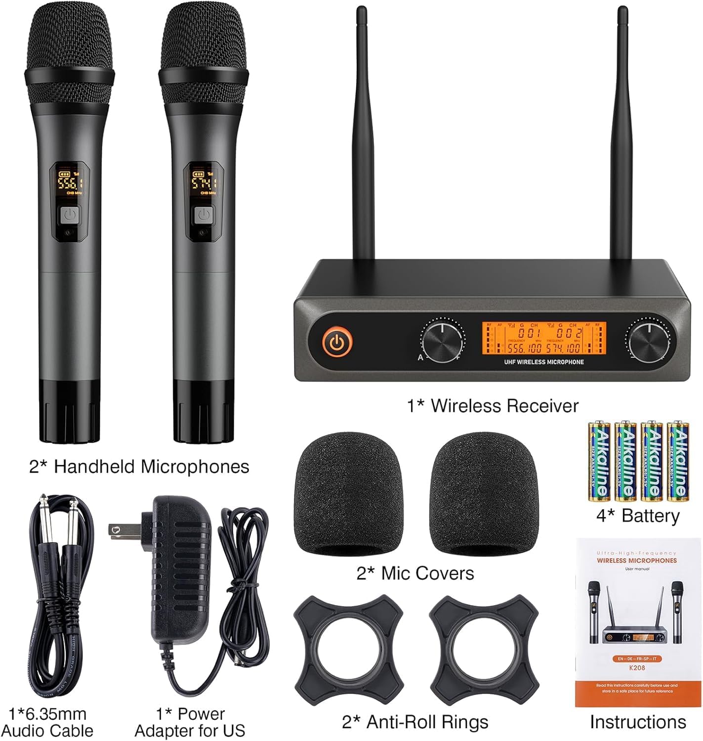 Wireless Microphone System, Metal Dual UHF Cordless Mics Handheld Microphone, Professional Wireless Mic Set for Karaoke, Party, Church, Wedding, DJ, Home KTV Set, 200ft