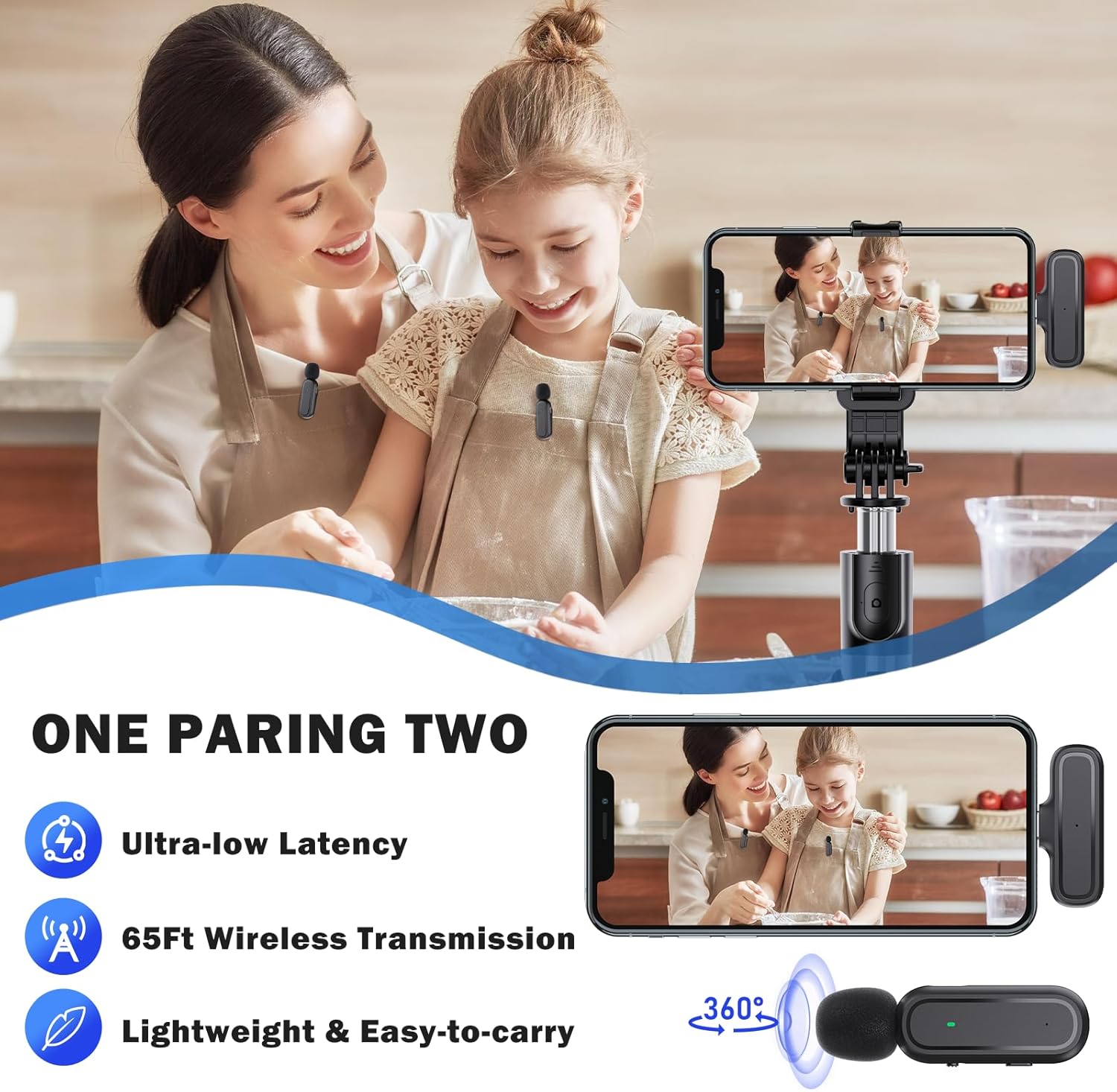 2 Pcs Wireless Lavalier Microphone for iPhone iPad Android PC, Mini Mic with Charging Case, 8H Battery, 65ft Range, USB-C, Clip-On Noise Reduction Mics for Vlogging, TikTok, YouTube, Video Recording