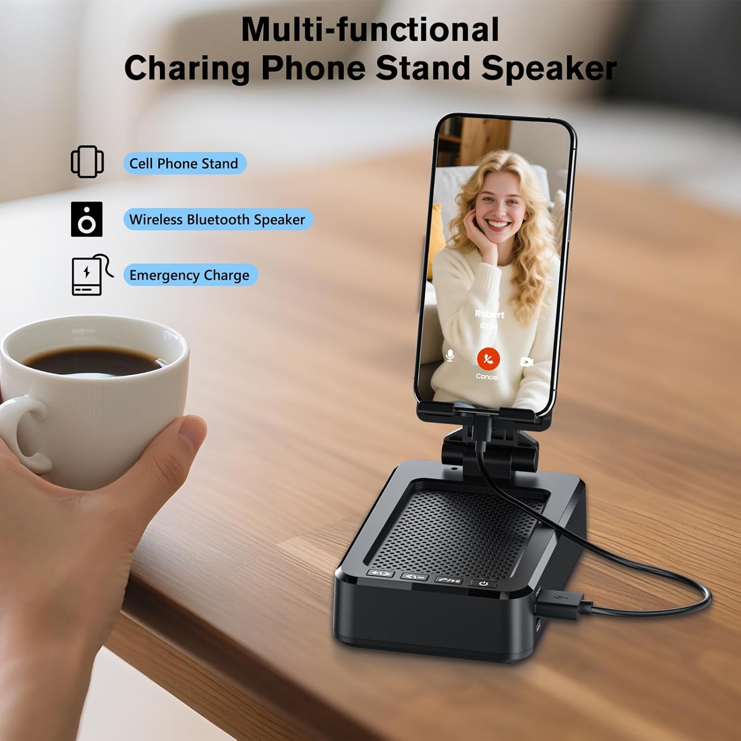 Cell Phone Stand with Wireless Bluetooth Speaker and Charging, Anti-Slip Base HD Surround Sound, Perfect for Home/Outdoor, Phone Holder Compatible with iPhone/ipad/Samsung Galaxy, Gifts for Men Women