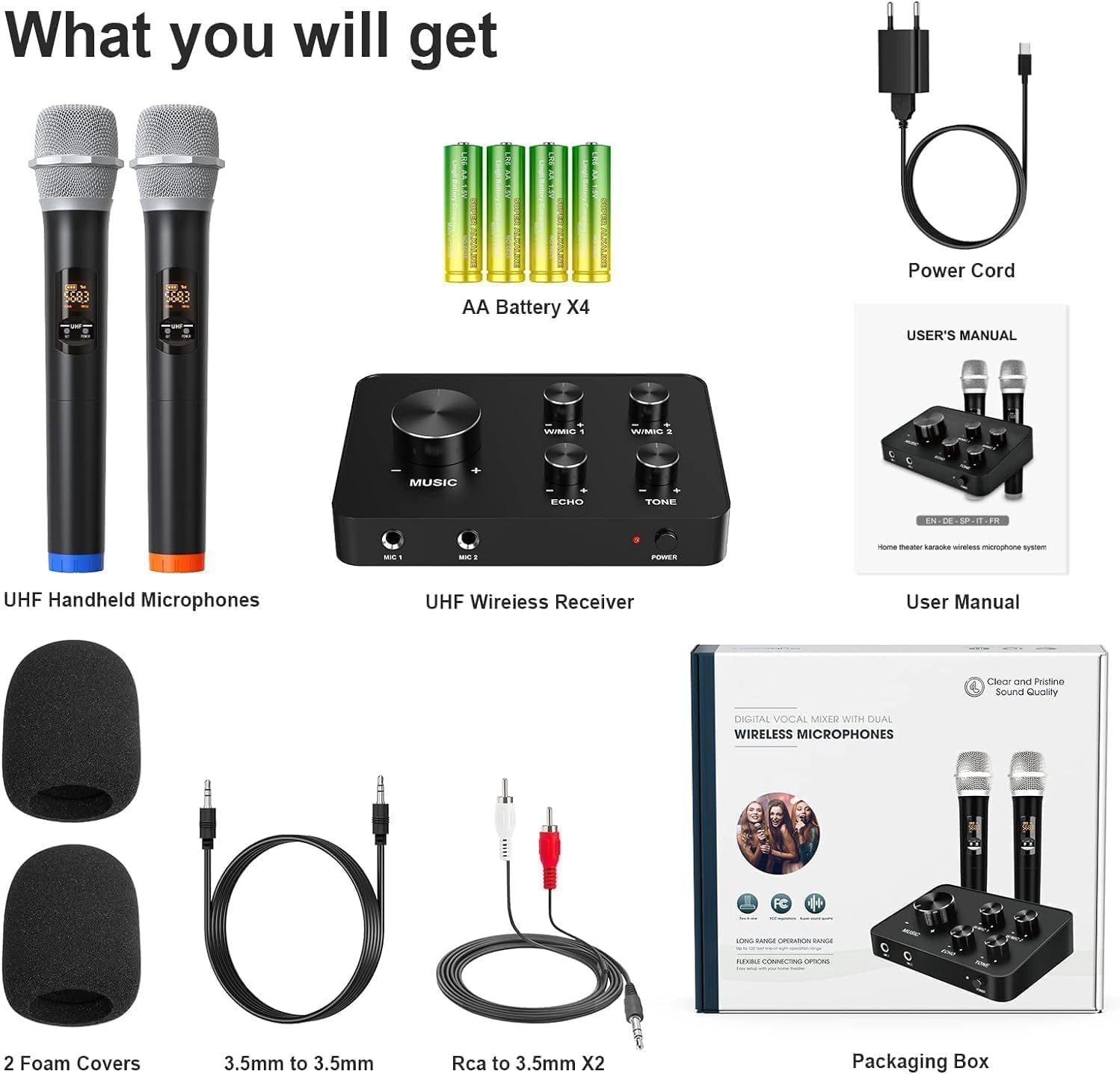 Wireless Microphone Karaoke Mixer System, Dual Handheld Wireless Microphone for Karaoke, Smart TV, PC, Speaker, Amplifier, Church, Wedding - Support HDMI, AUX in/Out