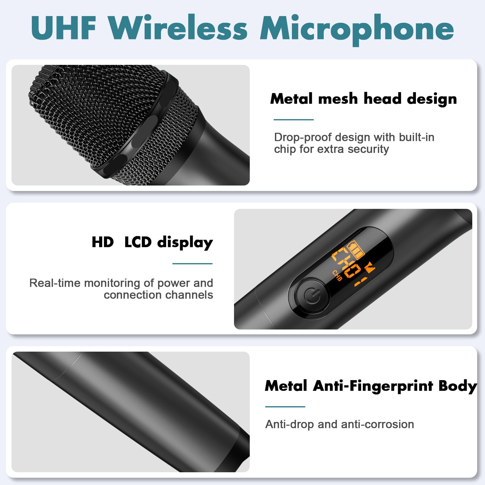 Wireless Microphone System with Dual-Channel Rechargeable Receiver, Professional UHF Metal Dual Handheld Cordless Dynamic Mic, 160ft Range, Microphone for Karaoke, Party Singing, Lecture, DJ, Wedding