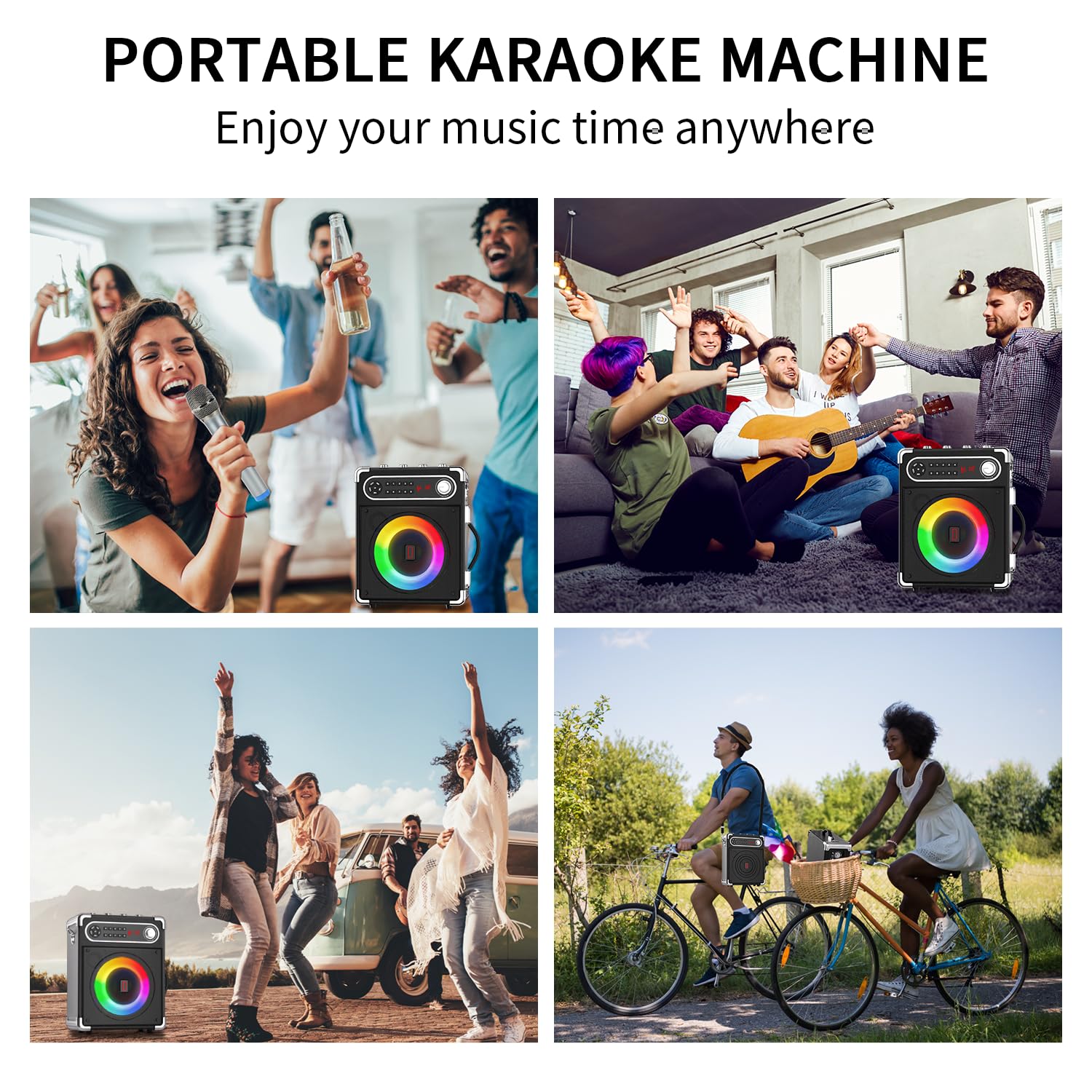 Karaoke Machine with 4 Wireless Microphones, Portable Bluetooth 5.1 Speaker for Adults Kids with LED Lights, Bass/Treble Adjustment, PA System with Remote Control, Supports FM/AUX/USB/TF for Party