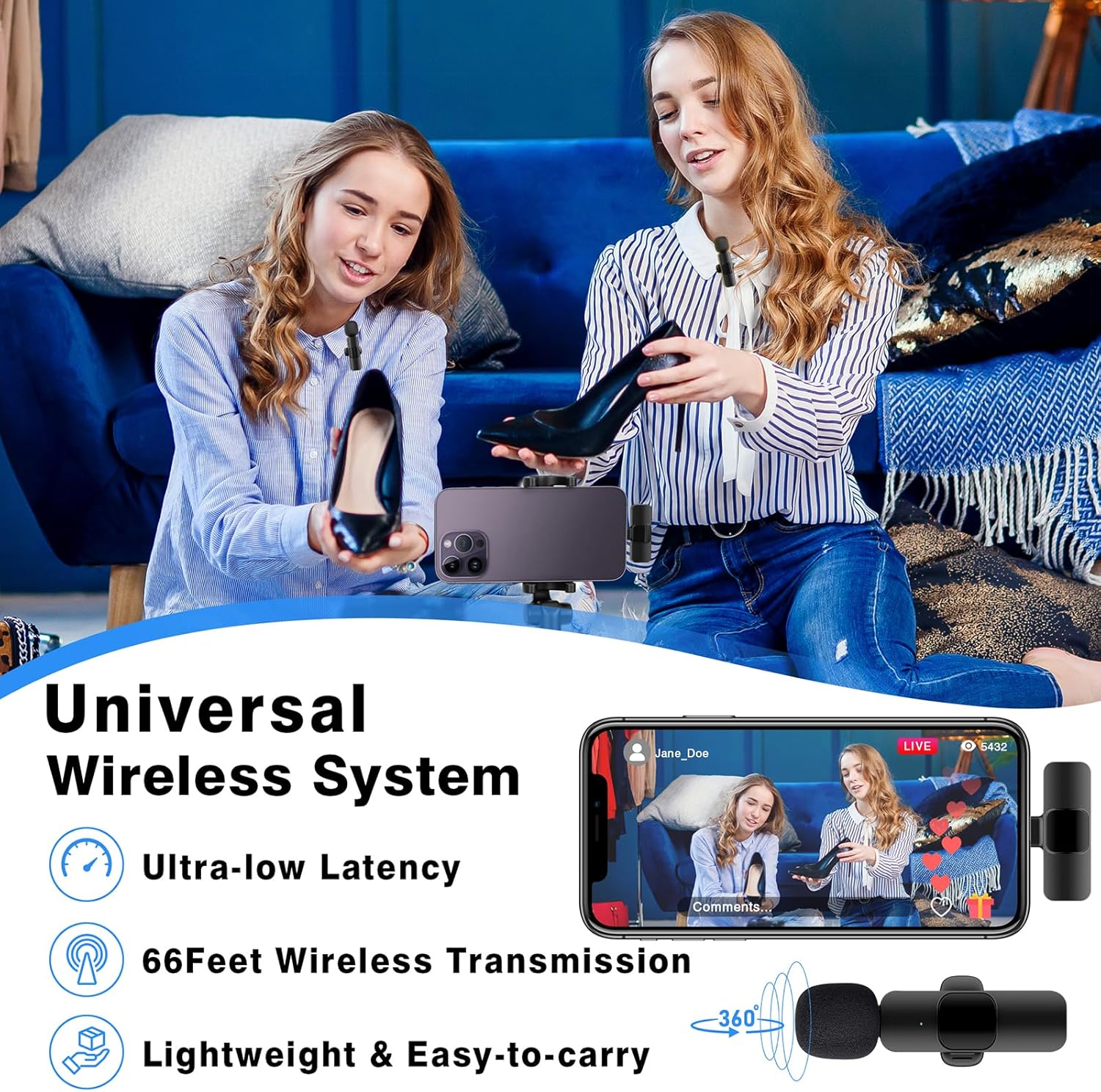 Professional Wireless Lavalier Lapel Microphone for iPhone, iPad, Cordless Omnidirectional Condenser Recording Mic for Video Recording, Live Streaming, Interview Podcast Vlog YouTube Tiktok(2 Pack)