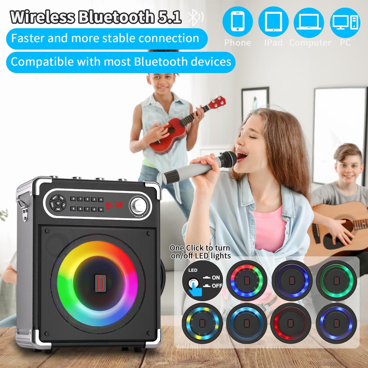 Karaoke Machine, Portable Bluetooth Speaker with 2 Wireless Microphones for Adults & Kids, PA System with Remote Control, LED Lights, Support USB/TF/REC/FM/AUX/TWS for Party Home System Packages